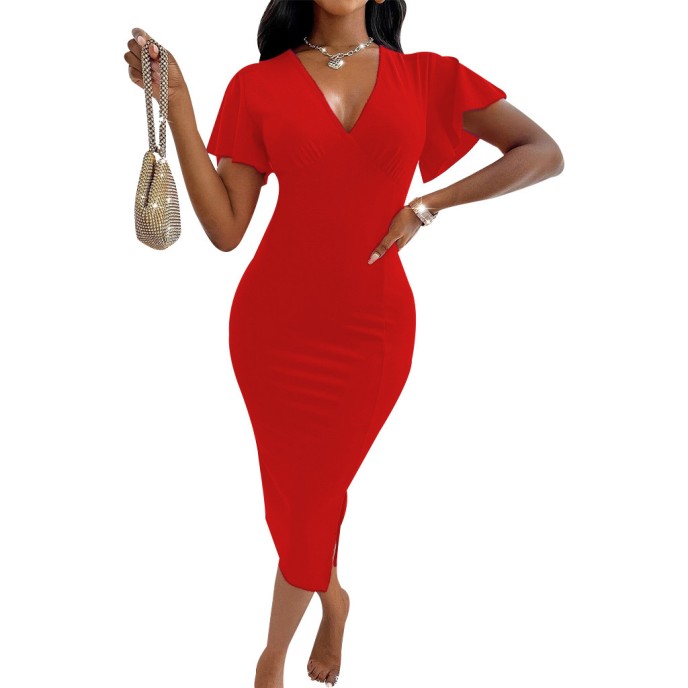 Sexy V-neck solid color slim split hip dress