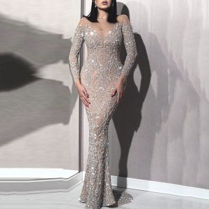 2025 Spring New Women's Hot Gold Long Sleeve Slim Sexy Long Dresses Banquet Evening Gowns