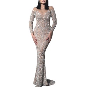 2025 Spring New Women's Hot Gold Long Sleeve Slim Sexy Long Dresses Banquet Evening Gowns