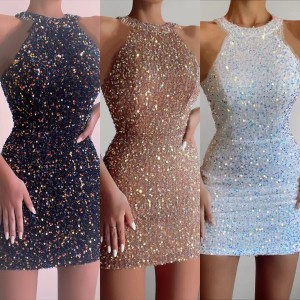 2025 New Fashion Hanging Neck Sexy Crystal Tassel Hip Sequins Dress Midi Evening Gowns