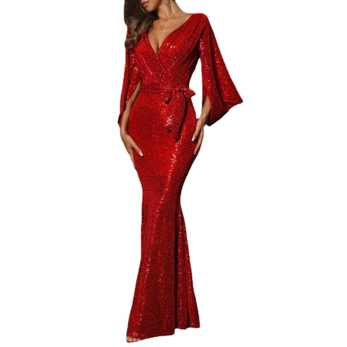 Spring/summer 2025 new dress sexy split color sequins long mop evening dress