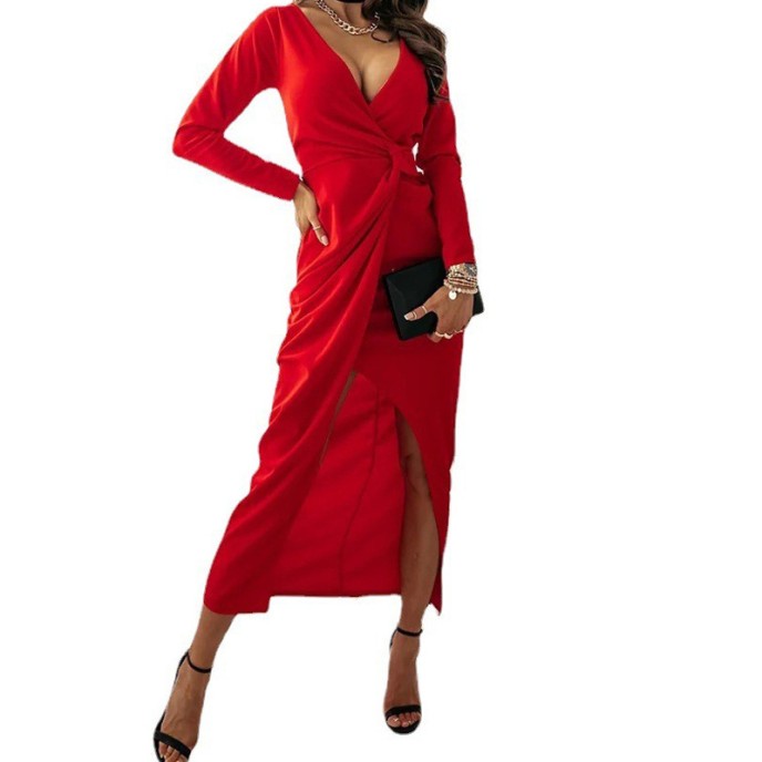 Sexy V-neck solid color long sleeve slit dress