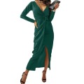 Sexy V-neck solid color long sleeve slit dress