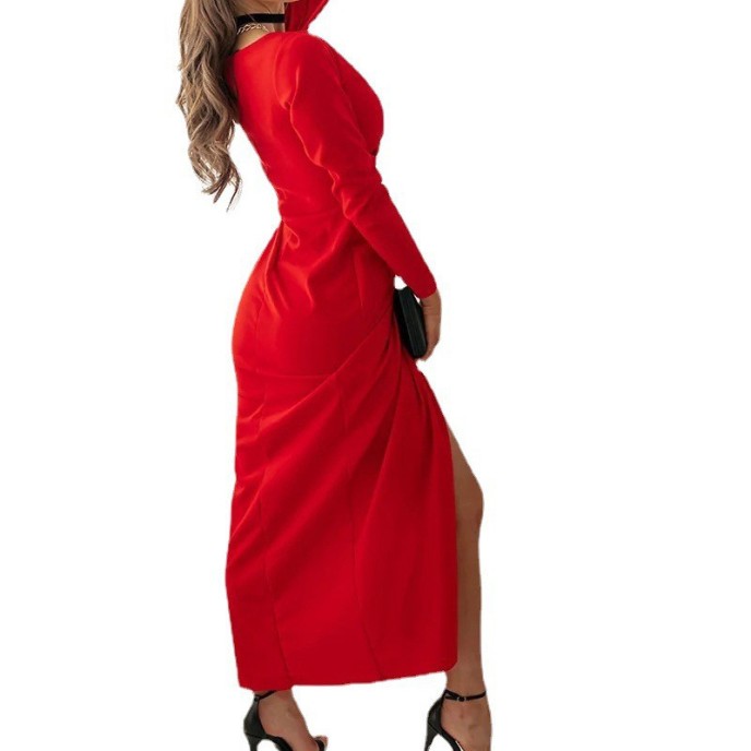 Sexy V-neck solid color long sleeve slit dress