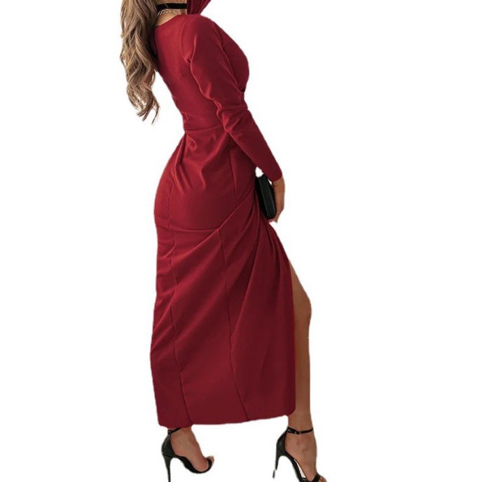 Sexy V-neck solid color long sleeve slit dress