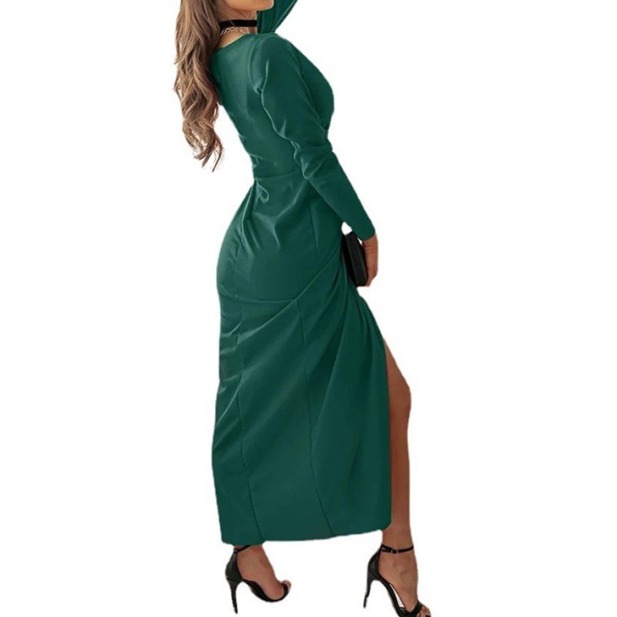 Sexy V-neck solid color long sleeve slit dress