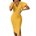 Sexy V-neck solid color slim split hip dress