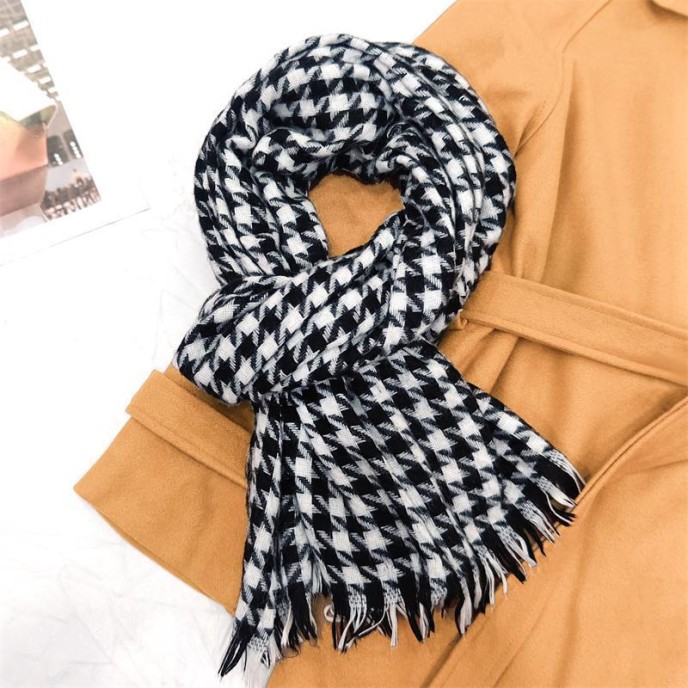 Scarf warm checkered bib scarf with tassel scarf women's advanced sense