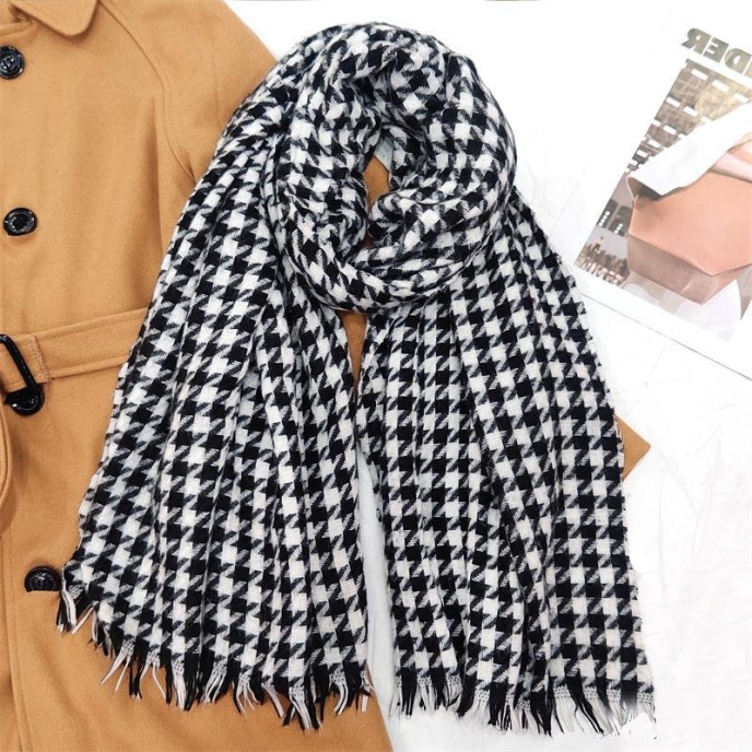 Scarf warm checkered bib scarf with tassel scarf women's advanced sense