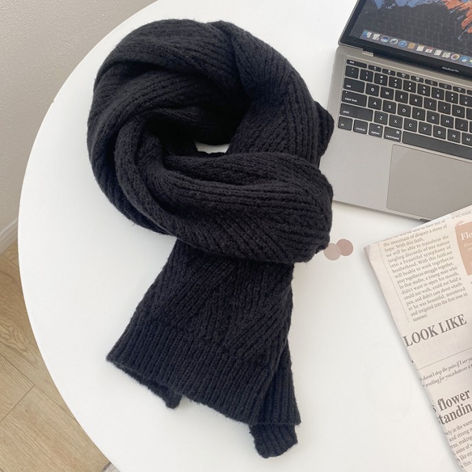 Women's warm solid color knitted wool herringbone thick scarf