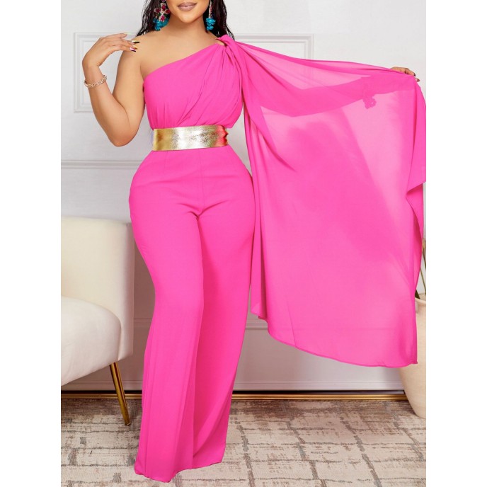 Women's 2025 Spring New Fashionable and Elegant Slant Neck Spliced Folded OL High Waist African jumpsuit