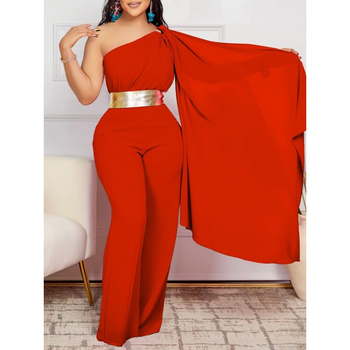 Women's 2025 Spring New Fashionable and Elegant Slant Neck Spliced Folded OL High Waist African jumpsuit