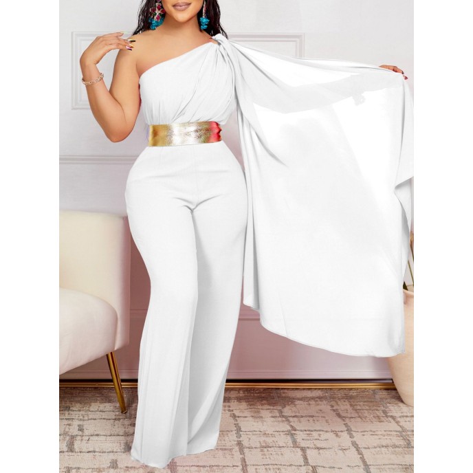 Women's 2025 Spring New Fashionable and Elegant Slant Neck Spliced Folded OL High Waist African jumpsuit