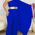 Women's 2025 Spring New Fashionable and Elegant Slant Neck Spliced Folded OL High Waist African jumpsuit