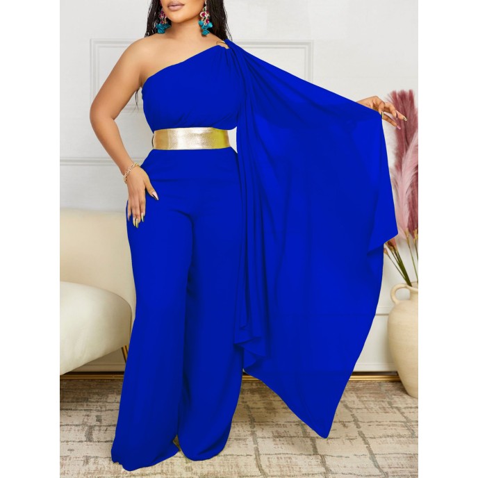 Women's 2025 Spring New Fashionable and Elegant Slant Neck Spliced Folded OL High Waist African jumpsuit