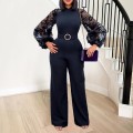 Standing collar mesh lantern sleeves slim fit women's oversized African wide leg jumpsuit Standing collar mesh lantern sleeves slim fit women's oversized African wide leg jumpsuit