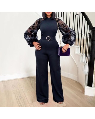 Standing collar mesh lantern sleeves slim fit women's oversized African wide leg jumpsuit
