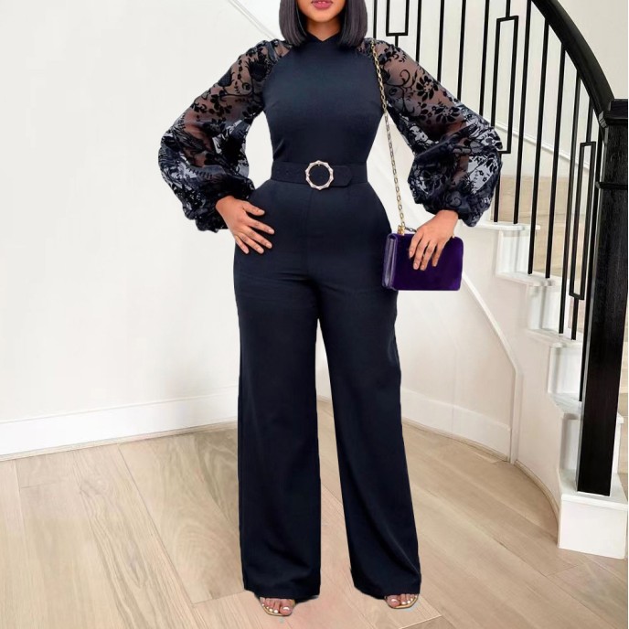 Standing collar mesh lantern sleeves slim fit women's oversized African wide leg jumpsuit Standing collar mesh lantern sleeves slim fit women's oversized African wide leg jumpsuit