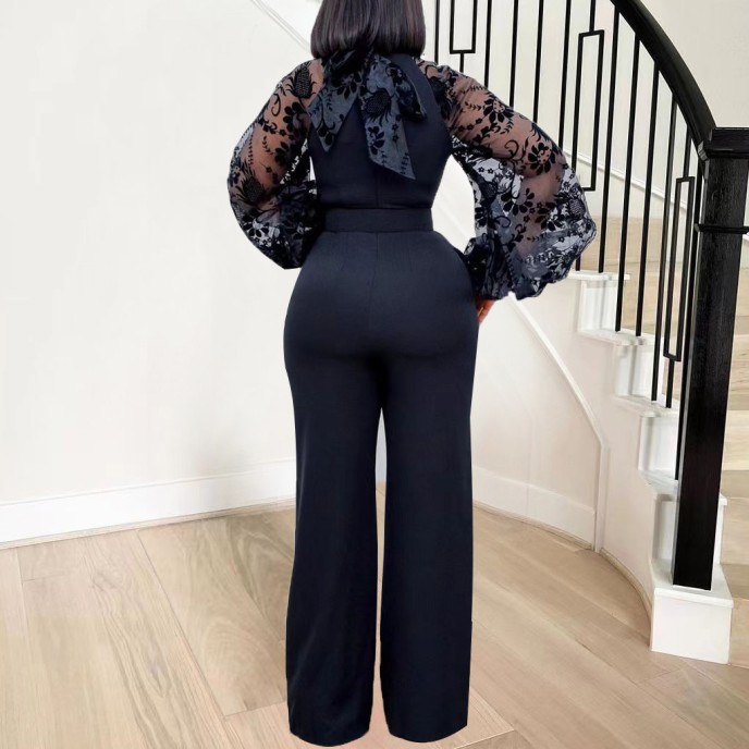 Standing collar mesh lantern sleeves slim fit women's oversized African wide leg jumpsuit Standing collar mesh lantern sleeves slim fit women's oversized African wide leg jumpsuit
