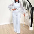Standing collar mesh lantern sleeves slim fit women's oversized African wide leg jumpsuit Standing collar mesh lantern sleeves slim fit women's oversized African wide leg jumpsuit