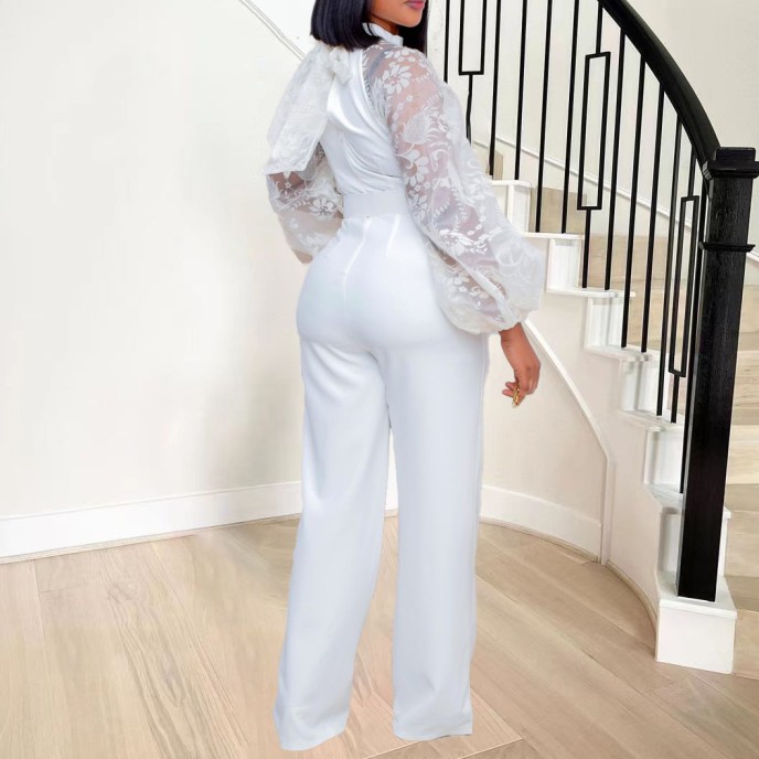 Standing collar mesh lantern sleeves slim fit women's oversized African wide leg jumpsuit Standing collar mesh lantern sleeves slim fit women's oversized African wide leg jumpsuit