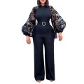 Standing collar mesh lantern sleeves slim fit women's oversized African wide leg jumpsuit Standing collar mesh lantern sleeves slim fit women's oversized African wide leg jumpsuit