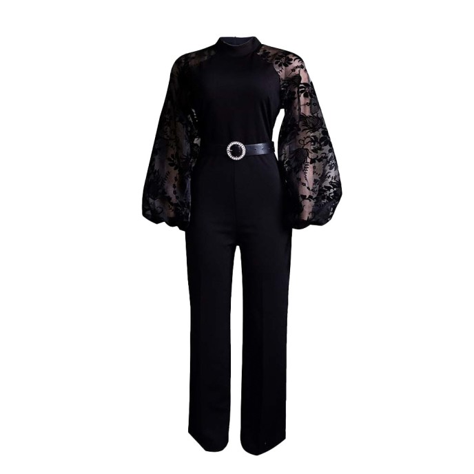 Standing collar mesh lantern sleeves slim fit women's oversized African wide leg jumpsuit Standing collar mesh lantern sleeves slim fit women's oversized African wide leg jumpsuit