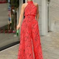 2025 Women's New Fashionable Round Neck Tie up Slim Fit Printed jumpsuit 2025 Women's New Fashionable Round Neck Tie up Slim Fit Printed jumpsuit