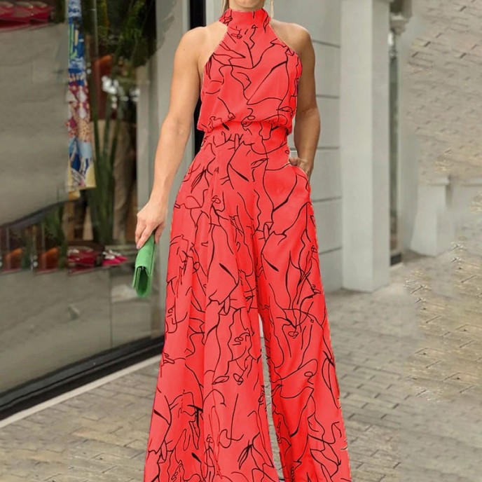 2025 Women's New Fashionable Round Neck Tie up Slim Fit Printed jumpsuit 2025 Women's New Fashionable Round Neck Tie up Slim Fit Printed jumpsuit