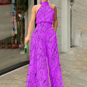 2025 Women's New Fashionable Round Neck Tie up Slim Fit Printed jumpsuit