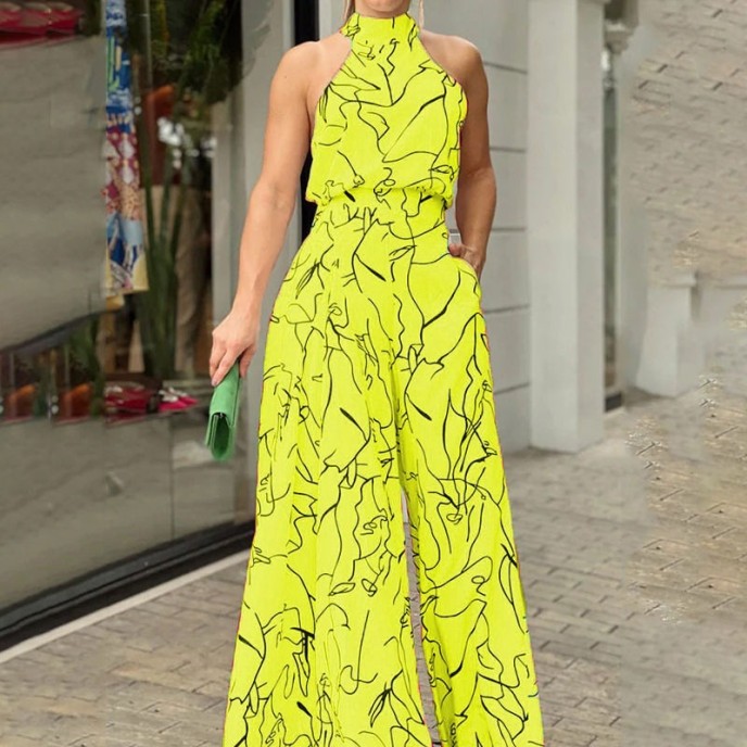 2025 Women's New Fashionable Round Neck Tie up Slim Fit Printed jumpsuit 2025 Women's New Fashionable Round Neck Tie up Slim Fit Printed jumpsuit