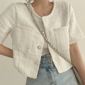 Women Chic Elegant Tweed Cardigan Short Coat