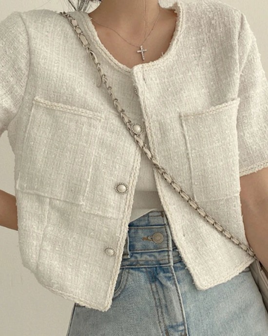 Women Chic Elegant Tweed Cardigan Short Coat