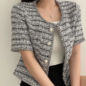 Women Single-breasted Cardigan Coat Elegant Tweed Jacket