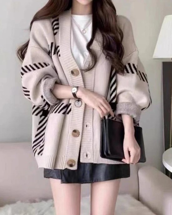 Stripes Knitted Cardigan Coat Buttons Sweater Casual Office Sweater