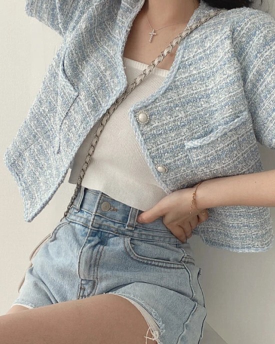 Women Chic Elegant Tweed Cardigan Short Coat