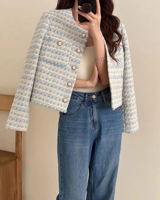 Elegant Tweed Cardigan Short Coat With Pocket Single Breasted Jacket