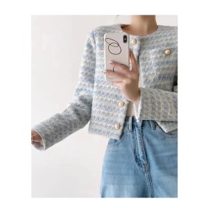 Women Tweed Elegant Coat With Pockets Single-breasted Cardigan Short Jacket