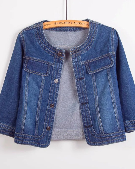 Women Denim Jackets Three-Quarter Sleeve O-Neck Single-Breasted Outerwear