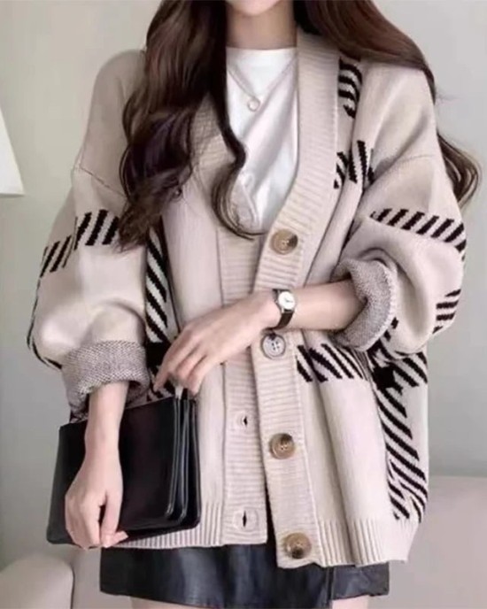 Stripes Knitted Cardigan Coat Buttons Sweater Casual Office Sweater