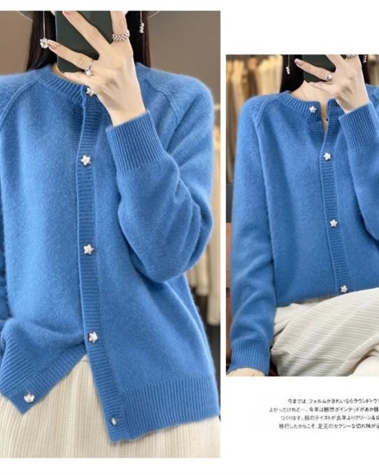 women's O-neck cardigan loose long-sleeved sweater top