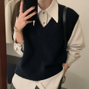 Women V-Neck Knit Office Sweater Vest Loose Casual Pullovers