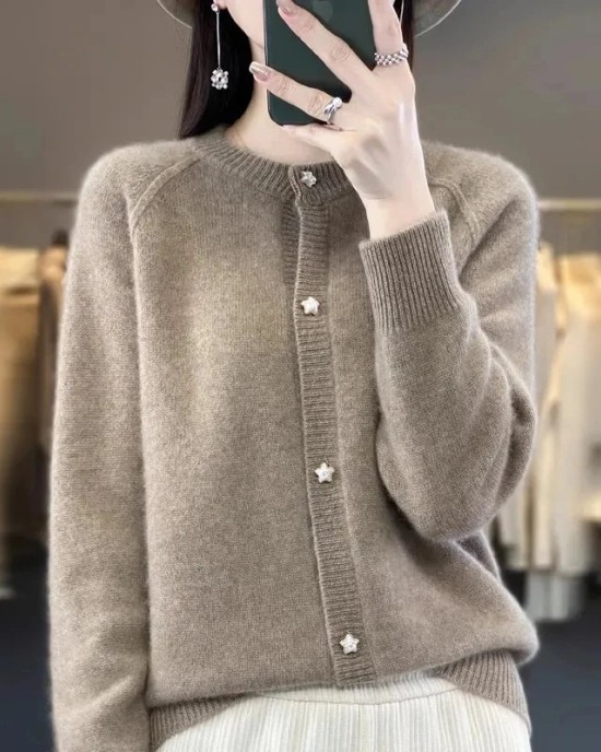 women's O-neck cardigan loose long-sleeved sweater top