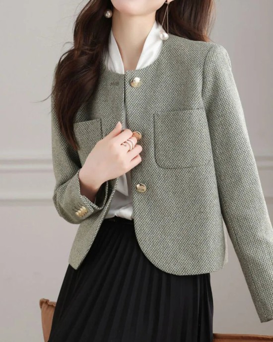 Chic Tweed Jackets Casual Fashion Long Sleeve Elegant Coat