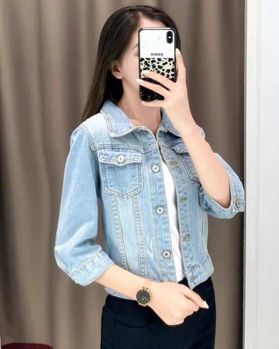 Women Denim Jackets Three-Quarter Sleeve O-Neck Single-Breasted Outerwear