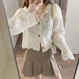 Women Hollow Out Sweet Sweater Buttons Up Cardigan Coat