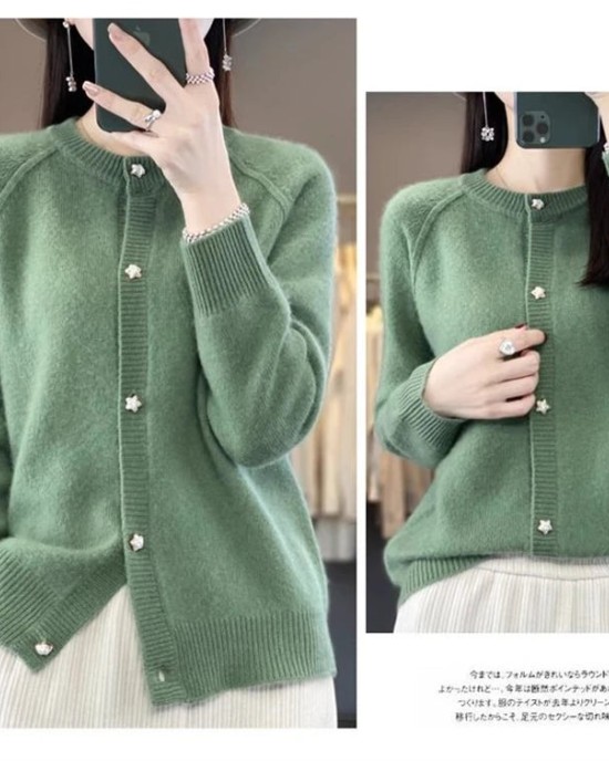 women's O-neck cardigan loose long-sleeved sweater top