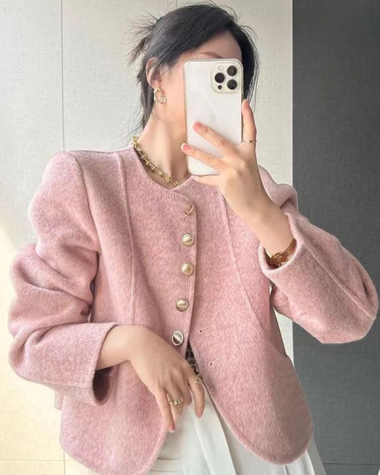 Elegant Tweed Jacket Women Fashion Sweet Single Breasted Coat