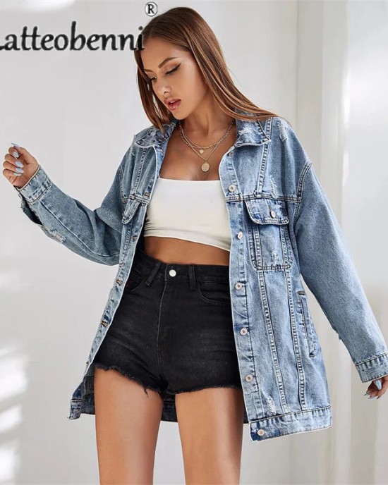 Vintage Style Loose Denim Jacket Long Sleeve Single-breasted Cardigan Coat