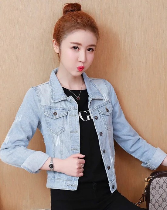 Women Denim Jackets Three-Quarter Sleeve O-Neck Single-Breasted Outerwear